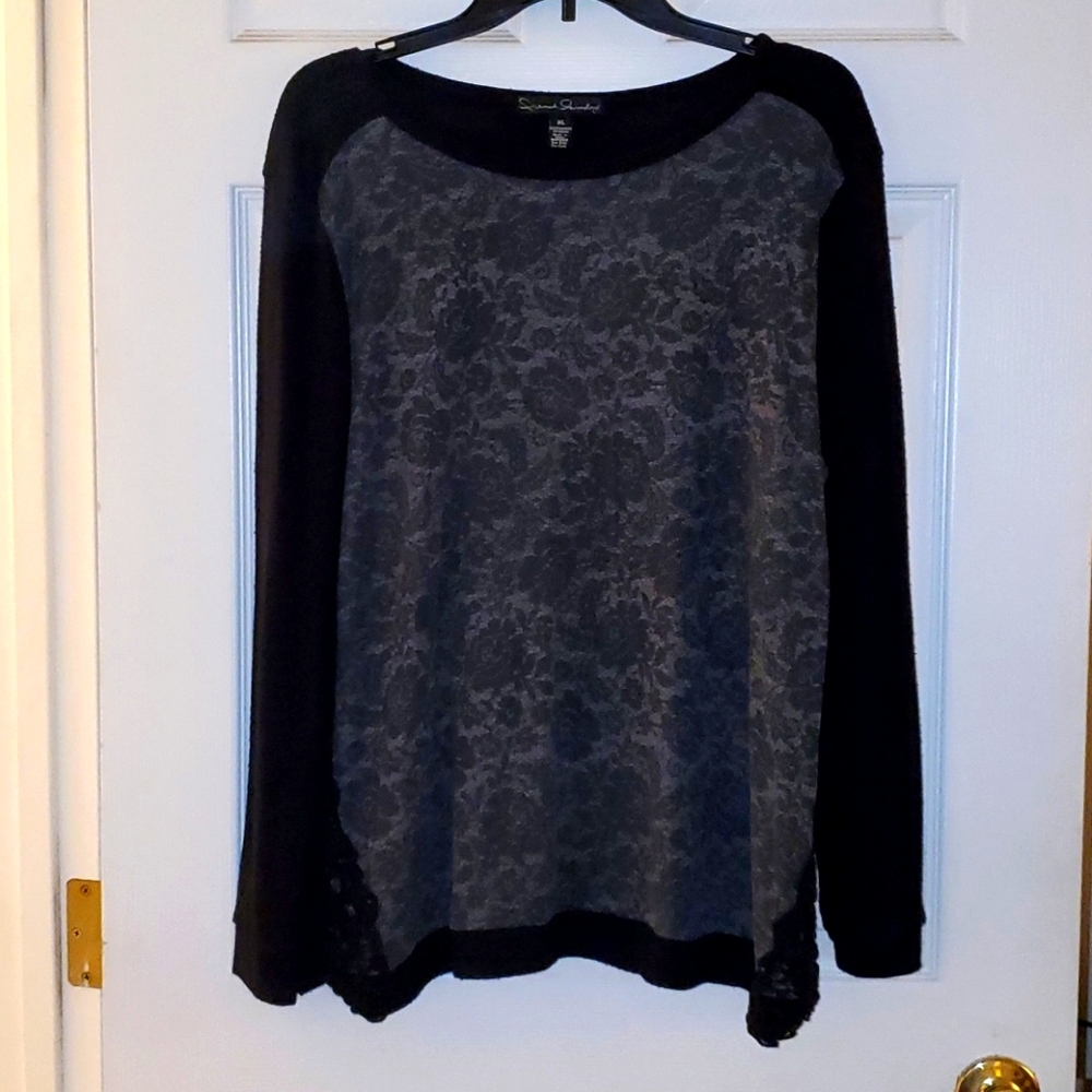 French Laundry Sweater Gray and Black Floral Lace